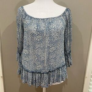 Lucky Brand Blue Gray Ruffled 3/4 Sleeve Blouse